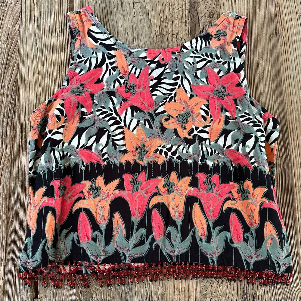 Rainbow Jo Handmade Hawaiian Floral Tank Crop Top Beaded Fringe Colorful Rayon M